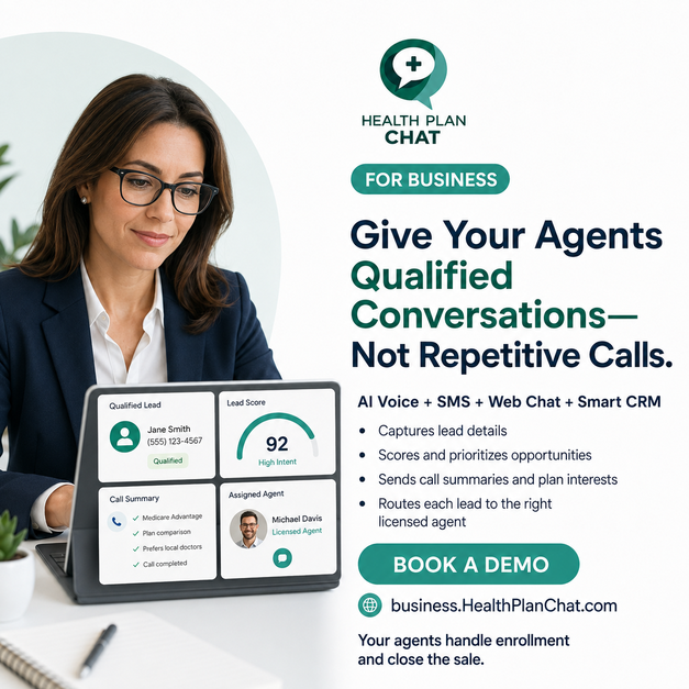 Health Plan Chat for Business: qualified lead, lead score and call summary handed to a licensed agent